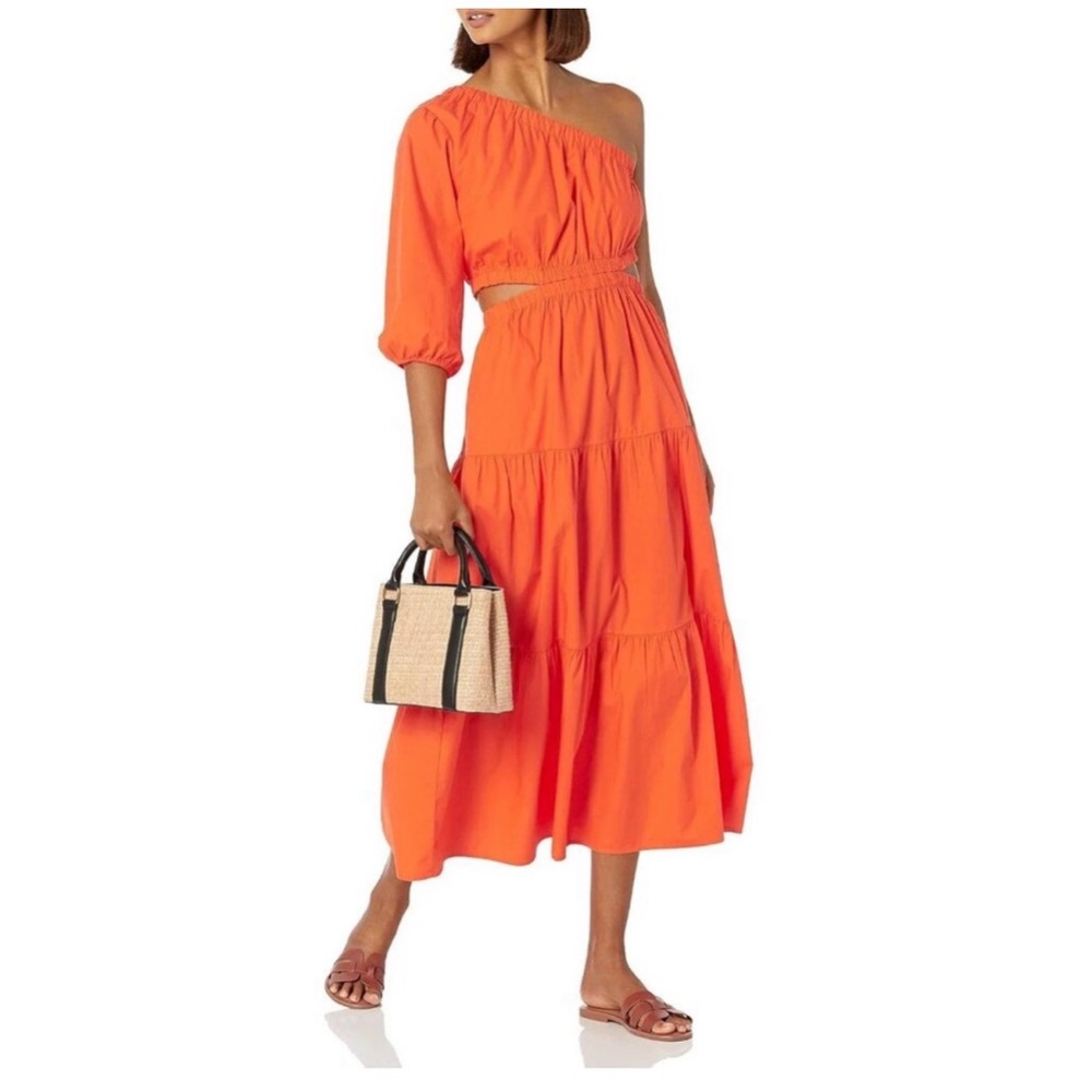 One-Shoulder Orange Asymmetrical Midi Dress